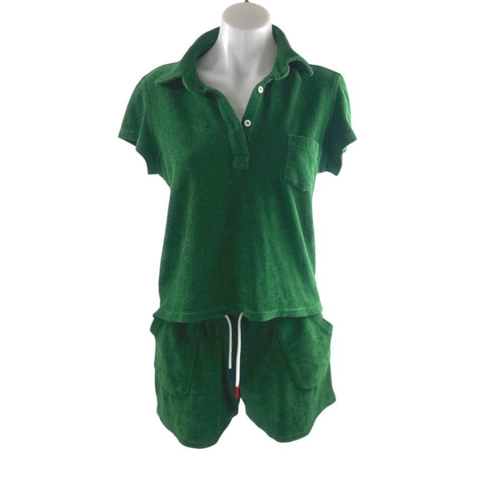 Pauline Alaplage Green Terry Polo Shirt Shorts Workout Athletic Activewear Set 3